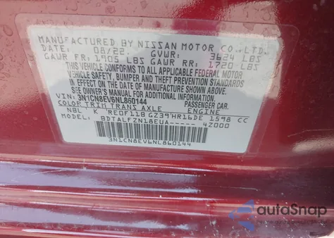 2022 Nissan Versa 1.6 Sv Xtronic Cvt z USA, uszkodzony, nr VIN 3N1CN8EV6NL860144